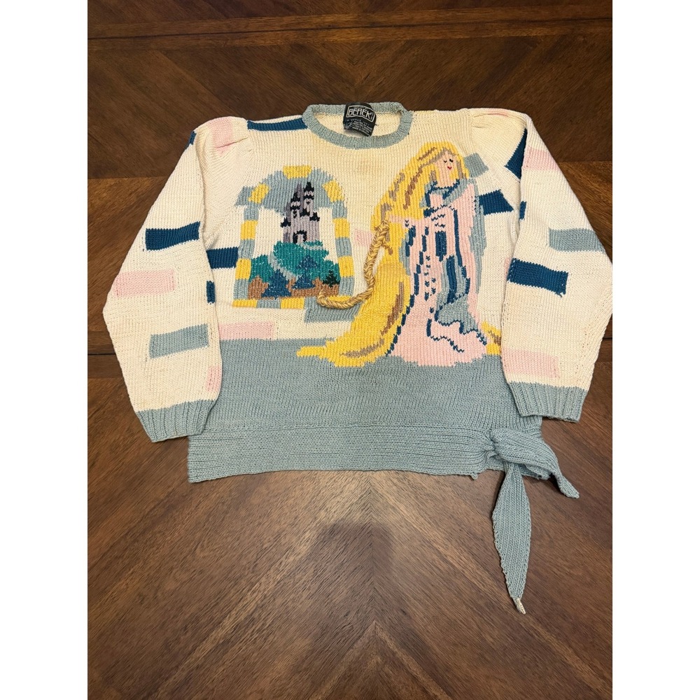 Vintage 1987 Berek Hand Knit Rapunzel Fairytale Cotton Sweater Side Tie L
